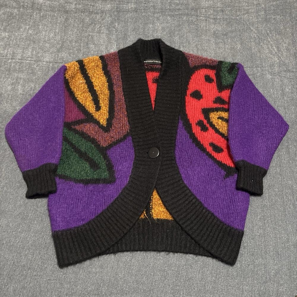 Vintage Tony Lambert Sweater Womens Floral Purple Cardigan Oversized Wool Blend